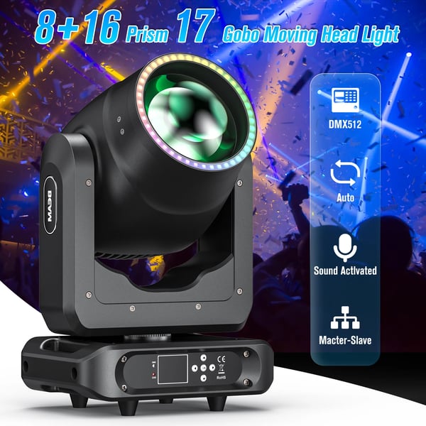 LED Moving Head Beam - 200B 200W - DMX512/RDM 20 Kanavaa - LED 1×100W + 44×5050 RGB - 90–240V EU‑pistoke - Prismat 8+16 Sateenkaari - Lava & DJ