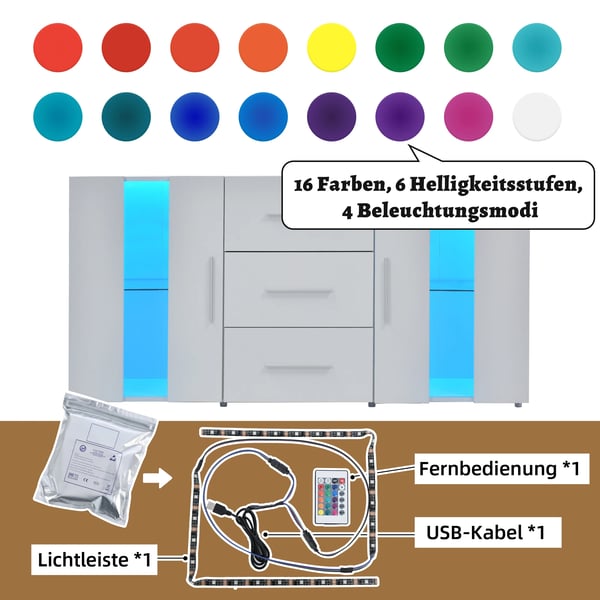 TV-bord - Lowboard - LED-lys 16 farver - MDF - 140x35x70 cm - Moderne design - Hvid