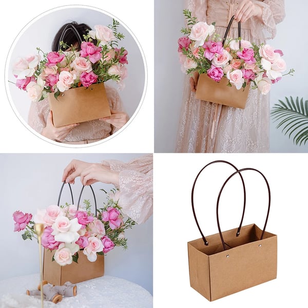 Florist Gavepose Til Blomster - Buketæske - Vandtæt PVC - Ensfarvet - Med Hank - Til Fødselsdag - Pink