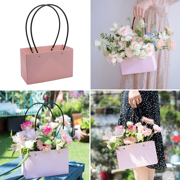 Florist Gavepose Til Blomster - Buketæske - Vandtæt PVC - Ensfarvet - Med Hank - Til Fødselsdag - Pink