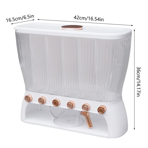 Ris- & korndispenser - Opbevaringsbeholder - 6 Rum - One-touch Udlevering - Kapacitet 10 kg - 42×16,5×36 cm - Hvid