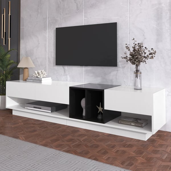 TV-bænk - Lowboard TV-møbel - Størrelse 190×40×34 cm - Med skuffer - Træ - Moderne marokkansk stil - Til stue og soveværelse - Hvid
