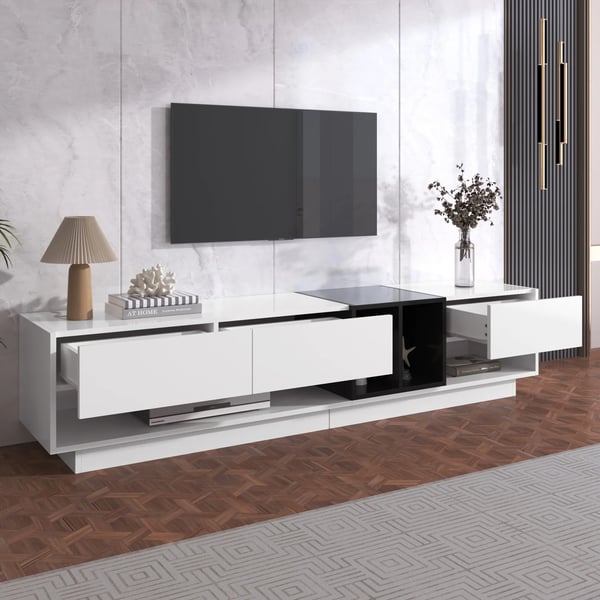 TV-bænk - Lowboard TV-møbel - Størrelse 190×40×34 cm - Med skuffer - Træ - Moderne marokkansk stil - Til stue og soveværelse - Hvid
