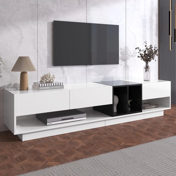 TV-bænk - Lowboard TV-møbel - Størrelse 190×40×34 cm - Med skuffer - Træ - Moderne marokkansk stil - Til stue og soveværelse - Hvid