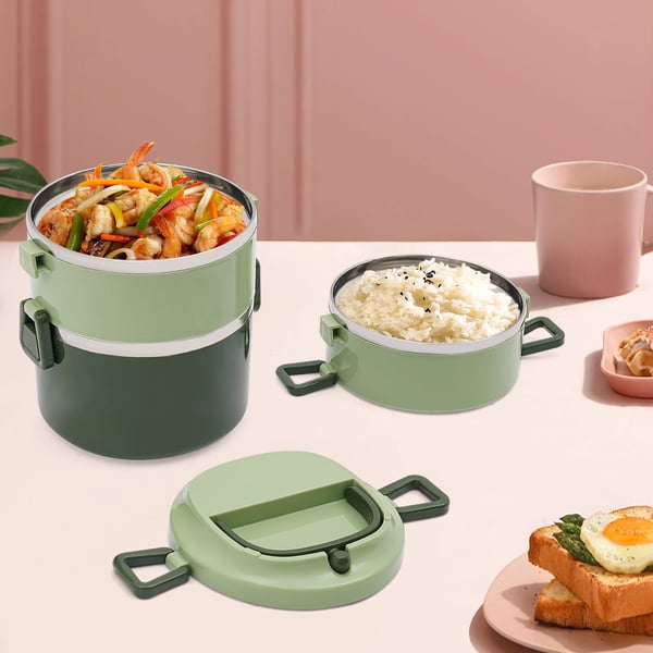 Madkasse / Lunchboks - Isoleret Madbeholder - Trelags - Stabelbar - Rustfrit Stål - Grøn