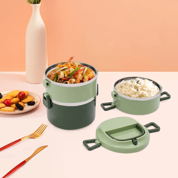 Madkasse / Lunchboks - Isoleret Madbeholder - Trelags - Stabelbar - Rustfrit Stål - Grøn