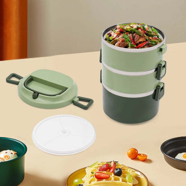 Madkasse / Lunchboks - Isoleret Madbeholder - Trelags - Stabelbar - Rustfrit Stål - Grøn