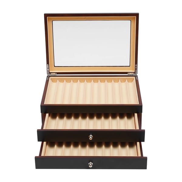 Displayboks til penne - Opbevaringsboks - 34 rum - Træ - Velourforet inderside - Til fyldepen, kuglepen og marker