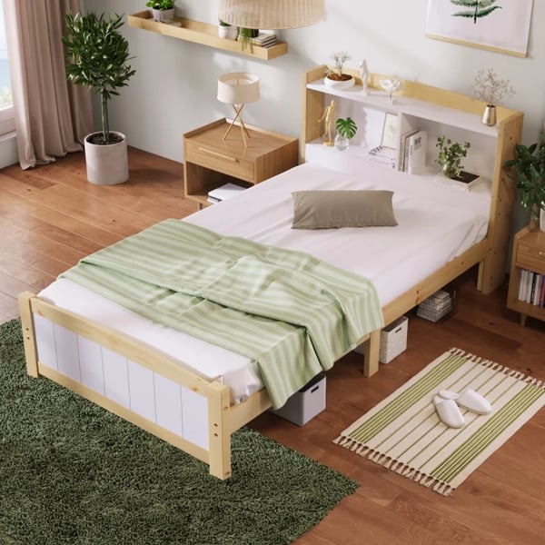 Enkeltseng - Sengestel 90x200 cm - Massivt fyrretræ - Med sengegavl - Uden opbevaring - Samles selv - Moderne marokkansk stil - Hvid
