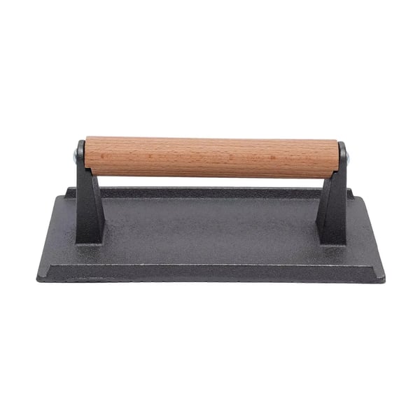 Grilliprässi ja hampurilaisprässi - Valurautainen pihvipaino - Lämpöä kestävä puukahva - Kasviöljypinnoite - Koko 21 x 10,5 cm - Paino 1 kg - Musta