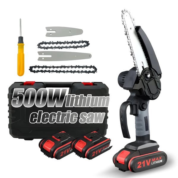 Mini kædesav - Batteridrevet motorsav 21V - 10/15 cm sværd - 2 kæder - Sikkerhedslås - Genopladelig trådløs - Sort