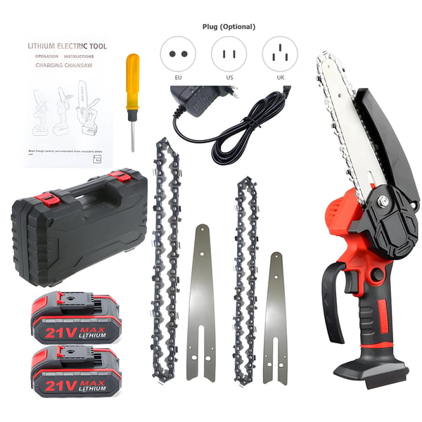 Mini kædesav - Batteridrevet motorsav 21V - 10/15 cm sværd - 2 kæder - Sikkerhedslås - Genopladelig trådløs - Sort