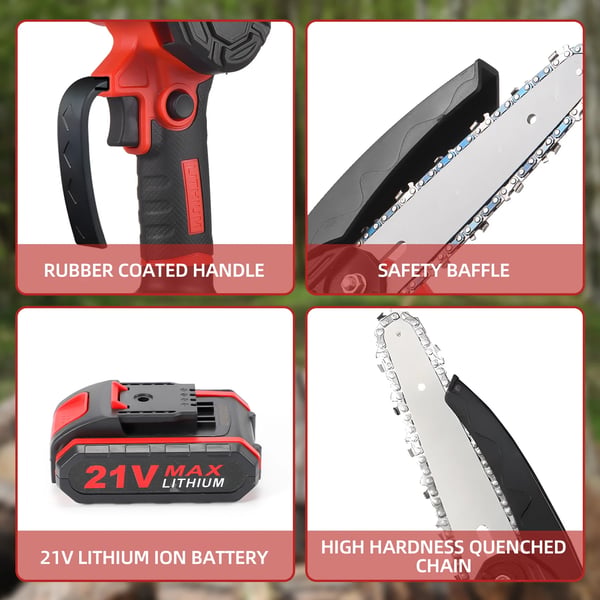 Mini kædesav - Batteridrevet motorsav 21V - 10/15 cm sværd - 2 kæder - Sikkerhedslås - Genopladelig trådløs - Sort