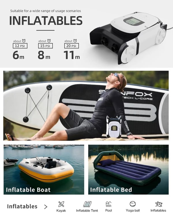 Luftpumpe Til Oppustelige - 12V Elektrisk Højtrykspumpe - Bærbar - Til SUP/Paddleboard - Gummibåd & Telt - Vandsport