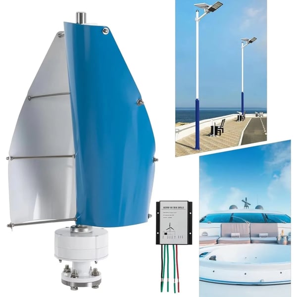 Vindmølle - Lodret akse vindgenerator - 1 kW - 12 V - Med laderegulator - Monteringssæt - Hvid
