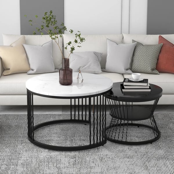 Runda satsbord för vardagsrum - Soffbord 2-pack - Med förvaring - Modern industriell stil - 70x70x45 cm - Svart