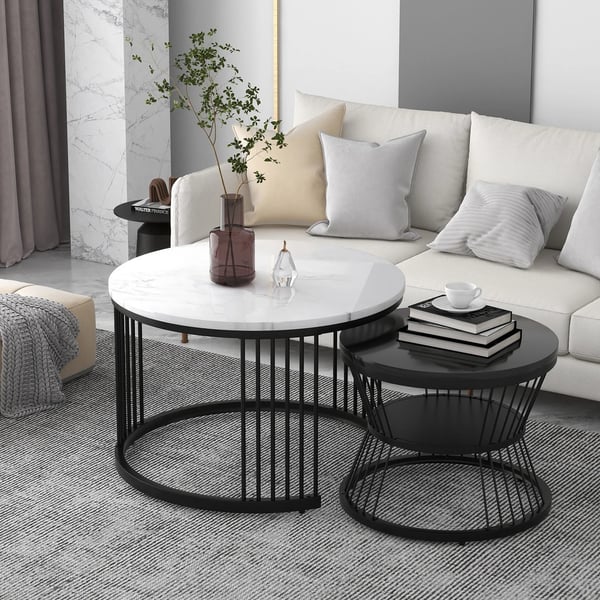 Rundt indskudsbordsæt til stuen - Sofabord 2-pak - Med opbevaring - Moderne industriel stil - 70x70x45 cm - Sort