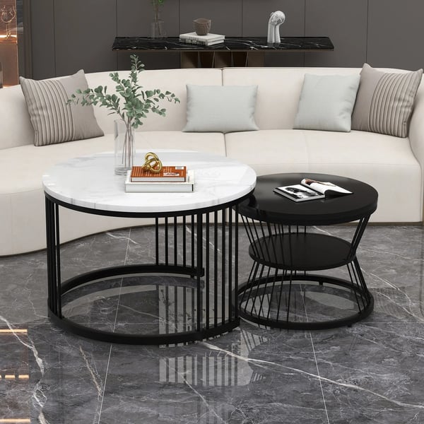 Rundt indskudsbordsæt til stuen - Sofabord 2-pak - Med opbevaring - Moderne industriel stil - 70x70x45 cm - Sort