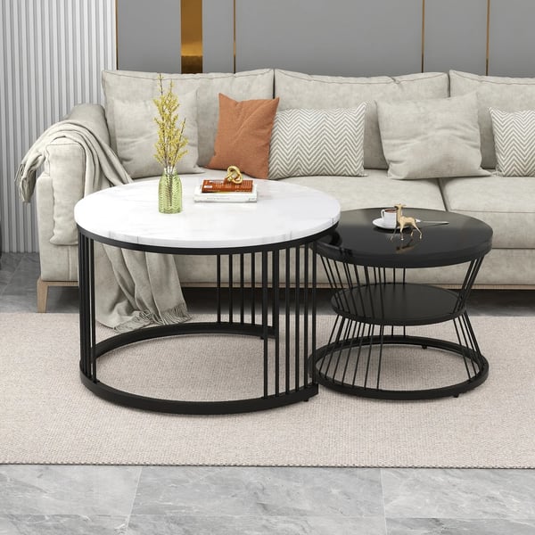 Rundt indskudsbordsæt til stuen - Sofabord 2-pak - Med opbevaring - Moderne industriel stil - 70x70x45 cm - Sort