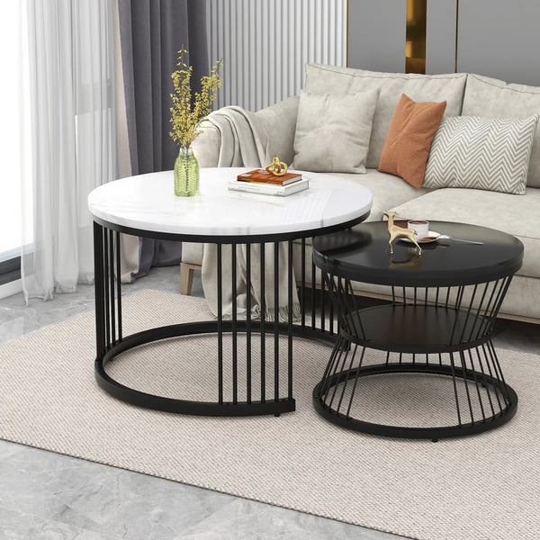 Rundt indskudsbordsæt til stuen - Sofabord 2-pak - Med opbevaring - Moderne industriel stil - 70x70x45 cm - Sort