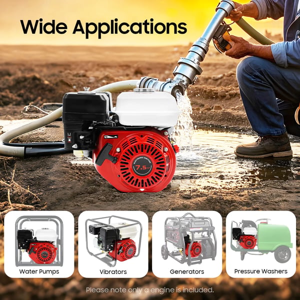 Benzinmotor - 212 cc 4-takt - 7,5 hk 3000 W - 20 mm Krumtapaksel - Snorstart Luftkølet - 3600 rpm - Rød