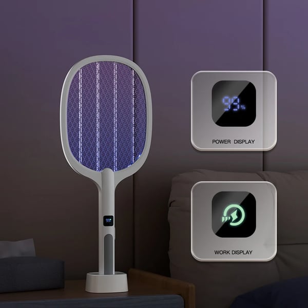 Elektrisk mygge- og fluedræber - racket/fluesmækker - Digitalt display - Auto-tilstand - Aftagelig - Håndholdt - Hvid