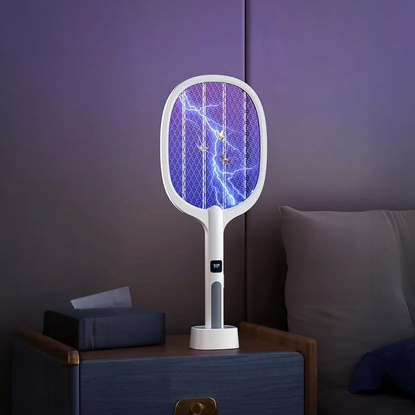 Elektrisk mygge- og fluedræber - racket/fluesmækker - Digitalt display - Auto-tilstand - Aftagelig - Håndholdt - Hvid