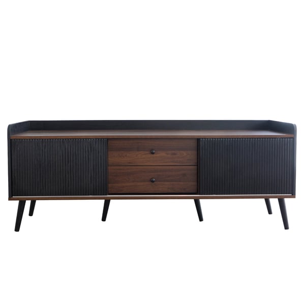 TV-bænk - Lowboard - Med døre og skuffer - Hylder - Moderne stil - H 58 cm B 160 cm D 40 cm - Sort & naturtræ