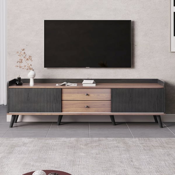 TV-bænk - Lowboard - Med døre og skuffer - Hylder - Moderne stil - H 58 cm B 160 cm D 40 cm - Sort & naturtræ