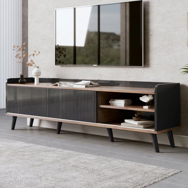 TV-bænk - Lowboard - Med døre og skuffer - Hylder - Moderne stil - H 58 cm B 160 cm D 40 cm - Sort & naturtræ