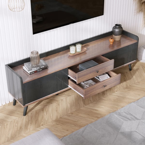 TV-bænk - Lowboard - Med døre og skuffer - Hylder - Moderne stil - H 58 cm B 160 cm D 40 cm - Sort & naturtræ