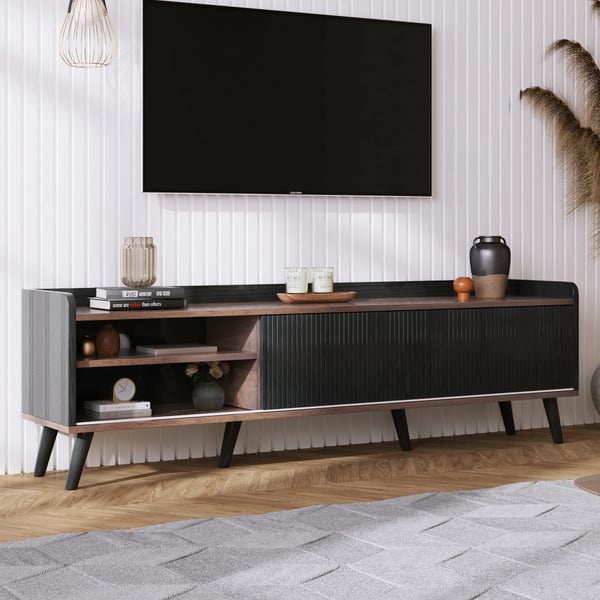 TV-bænk - Lowboard - Med døre og skuffer - Hylder - Moderne stil - H 58 cm B 160 cm D 40 cm - Sort & naturtræ