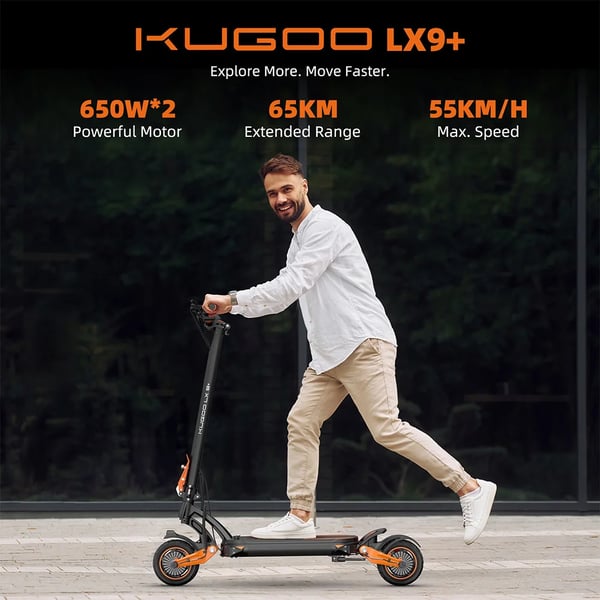 Sähköpotkulauta - Lx9+ - Kaksimoottori 2×650 W - Jopa 55 km/h - Toimintamatka 65 km - Kantavuus 120 kg - 6061 alumiiniseos - Valkoinen