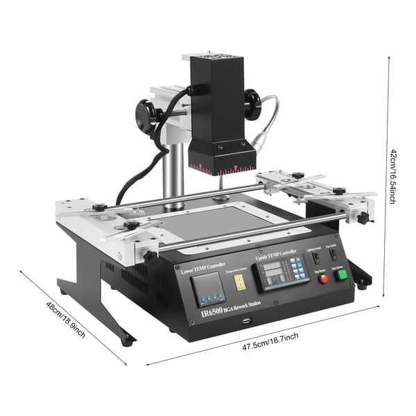 Infrarød BGA rework lodde station - IR6500 - 1250 W, Lukket temperaturstyring, EU‑stik 220 V, Øvre/nedre 400/800 W, PCB ≤400×305 mm, USB