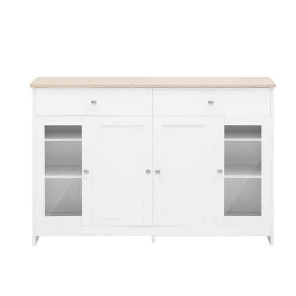 Opbevaringsskab/skænk, hvid, moderne minimalistisk, med hylder og skydedøre i lade-look, til stue, spisestue og køkken