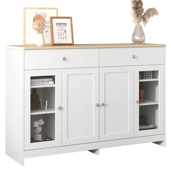 Opbevaringsskab/skænk, hvid, moderne minimalistisk, med hylder og skydedøre i lade-look, til stue, spisestue og køkken