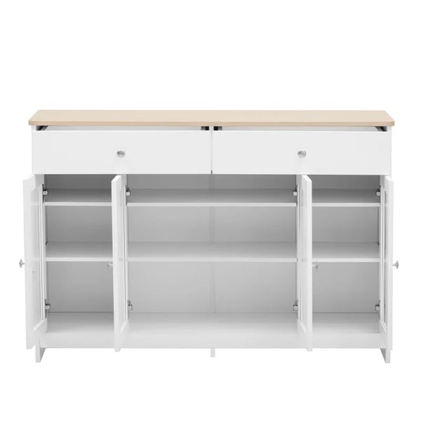 Opbevaringsskab/skænk, hvid, moderne minimalistisk, med hylder og skydedøre i lade-look, til stue, spisestue og køkken