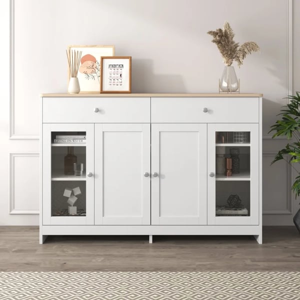 Opbevaringsskab/skænk, hvid, moderne minimalistisk, med hylder og skydedøre i lade-look, til stue, spisestue og køkken