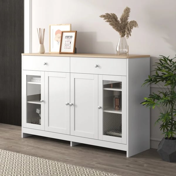 Opbevaringsskab/skænk, hvid, moderne minimalistisk, med hylder og skydedøre i lade-look, til stue, spisestue og køkken