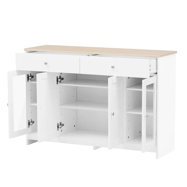 Opbevaringsskab/skænk, hvid, moderne minimalistisk, med hylder og skydedøre i lade-look, til stue, spisestue og køkken