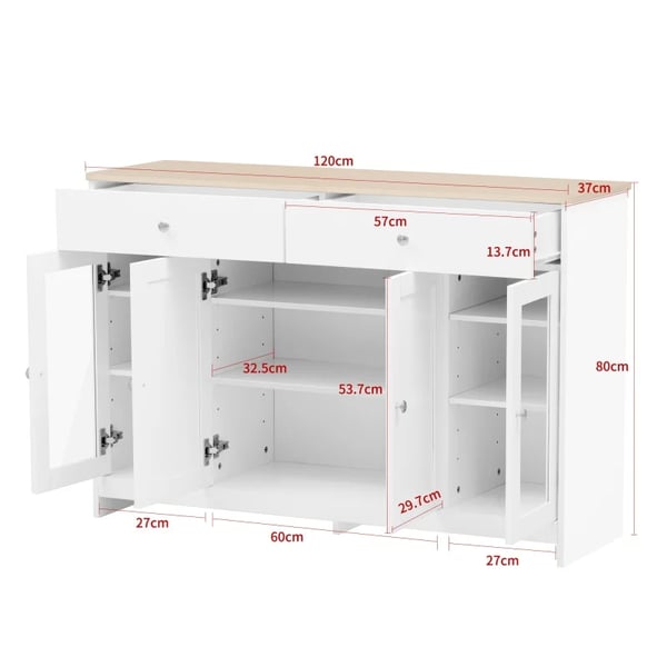 Opbevaringsskab/skænk, hvid, moderne minimalistisk, med hylder og skydedøre i lade-look, til stue, spisestue og køkken