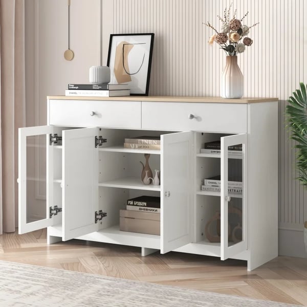 Opbevaringsskab/skænk, hvid, moderne minimalistisk, med hylder og skydedøre i lade-look, til stue, spisestue og køkken