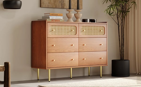 Rattan Skænk - Kommode til Stuen - 6 Skuffer - 90×120×40 cm - Træ - Samling Kræves - Chokoladebrun