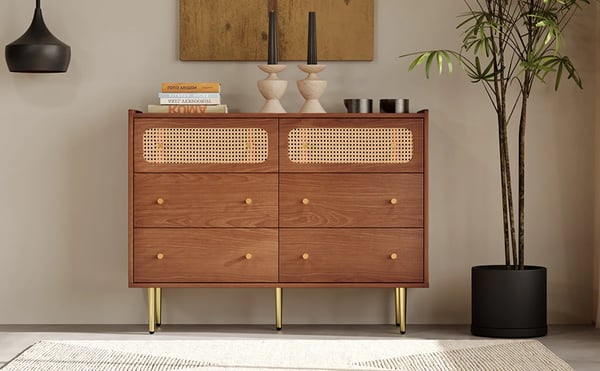 Rattan Skænk - Kommode til Stuen - 6 Skuffer - 90×120×40 cm - Træ - Samling Kræves - Chokoladebrun