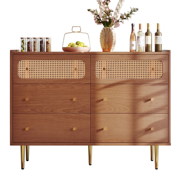 Rattan Skænk - Kommode til Stuen - 6 Skuffer - 90×120×40 cm - Træ - Samling Kræves - Chokoladebrun