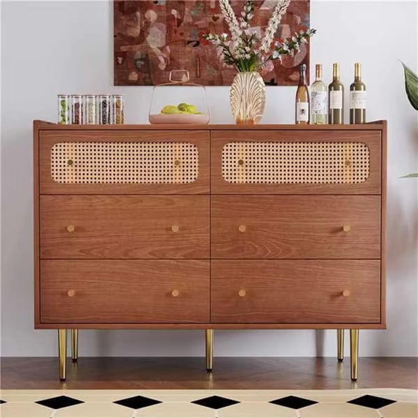 Rattan Skænk - Kommode til Stuen - 6 Skuffer - 90×120×40 cm - Træ - Samling Kræves - Chokoladebrun
