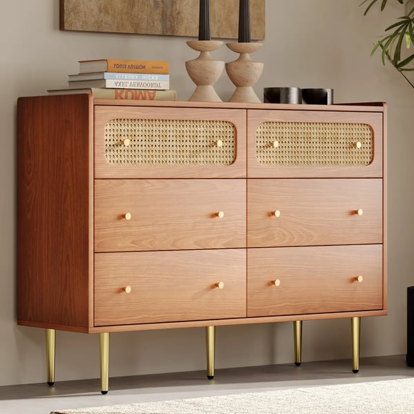 Rattan Skænk - Kommode til Stuen - 6 Skuffer - 90×120×40 cm - Træ - Samling Kræves - Chokoladebrun