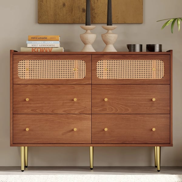 Rattan Skænk - Kommode til Stuen - 6 Skuffer - 90×120×40 cm - Træ - Samling Kræves - Chokoladebrun