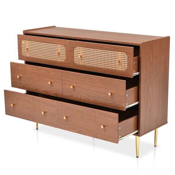 Rattan Skænk - Kommode til Stuen - 6 Skuffer - 90×120×40 cm - Træ - Samling Kræves - Chokoladebrun