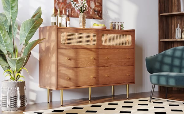 Rattan Skænk - Kommode til Stuen - 6 Skuffer - 90×120×40 cm - Træ - Samling Kræves - Chokoladebrun